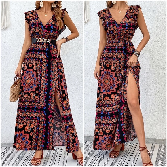 Boho Floral Print V neck Ruffle Sleeve Maxi Dress - Picture 7 of 9